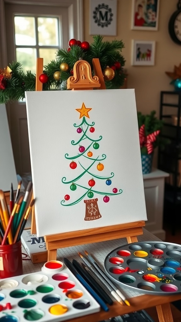 Simple Christmas Painting Ideas A simple Christmas tree painting on a canvas in an art studio, surrounded by painting supplies.
